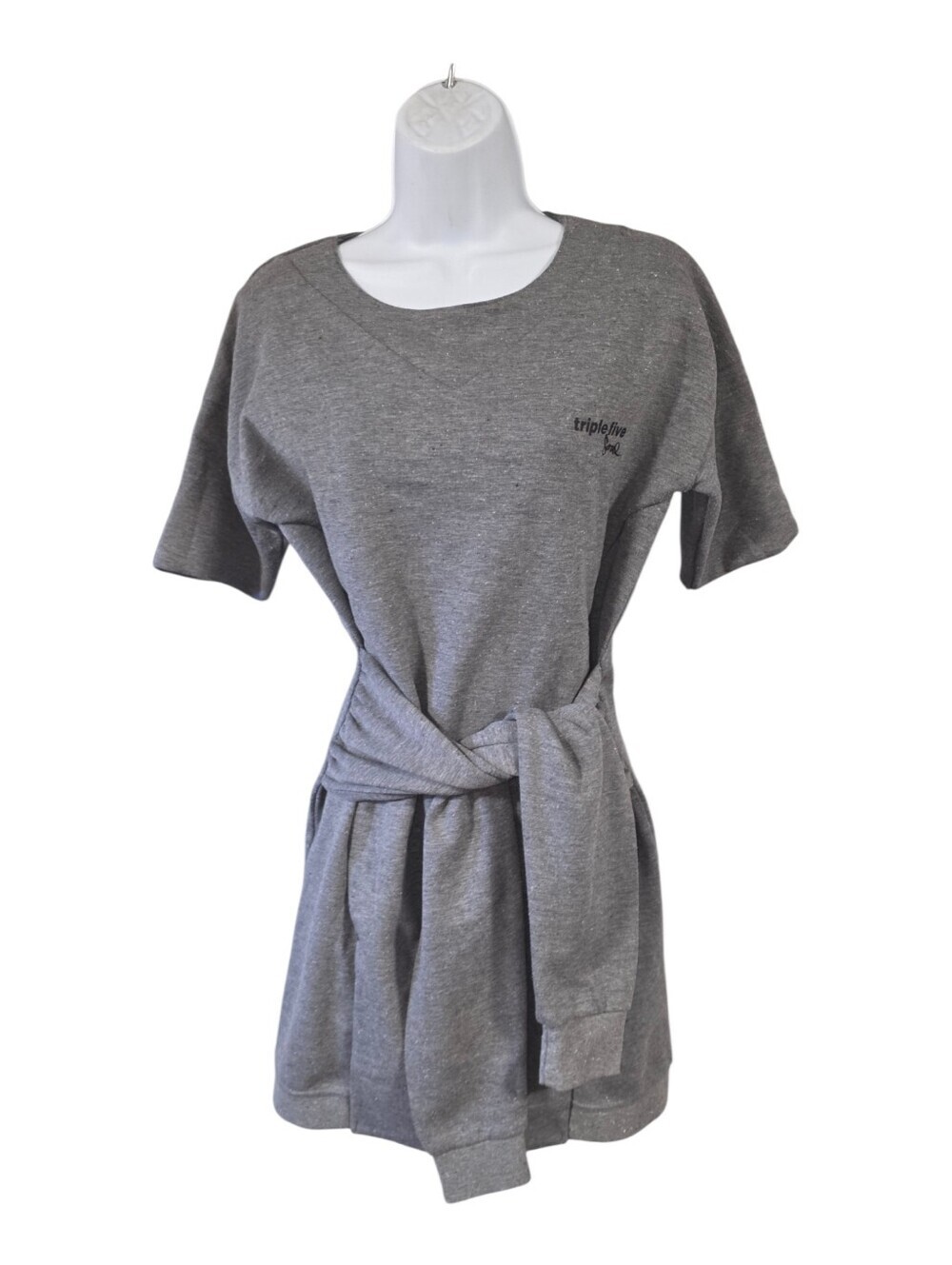 Triple Five Soul Short-Sleeve Belted Sweatshirt Mini Dress Heather Grey Large - Picture 2 of 3